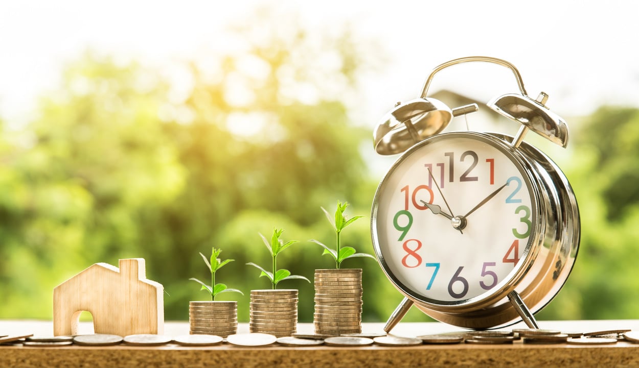 Plants Growing on Coin Piles and Alarm Clock